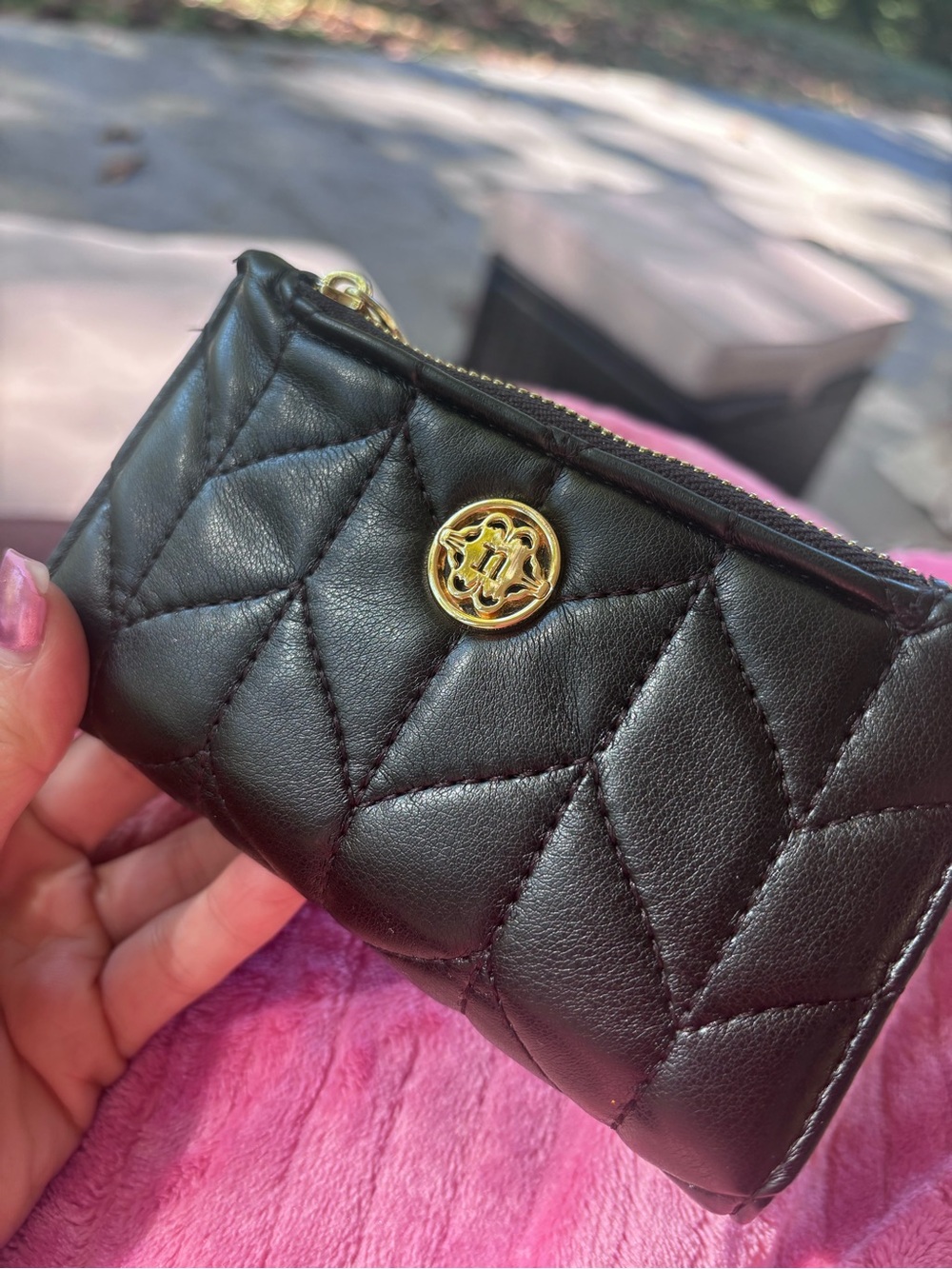 Quilted Black Leather Zip Card Case with Gold Accent